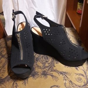 Black Suede Open Toe Wedges